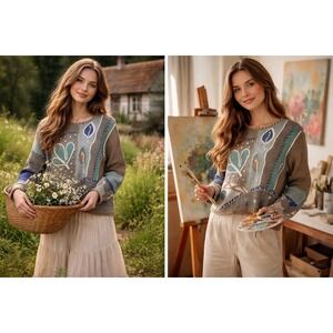 Sigrid Olsen Sport Hand Knit Patchwork Sweater Medium | Artsy Boho Cottagecore